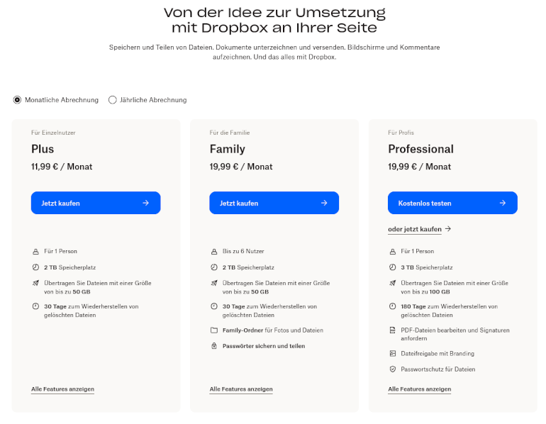 Screenshot von Dropbox Family mit Preis, 2 TB Speicher und bis zu 6 Nutzern