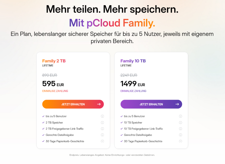 Screenshot der pCloud Family Preise mit 2 TB und 10 TB für bis zu 5 Nutzer