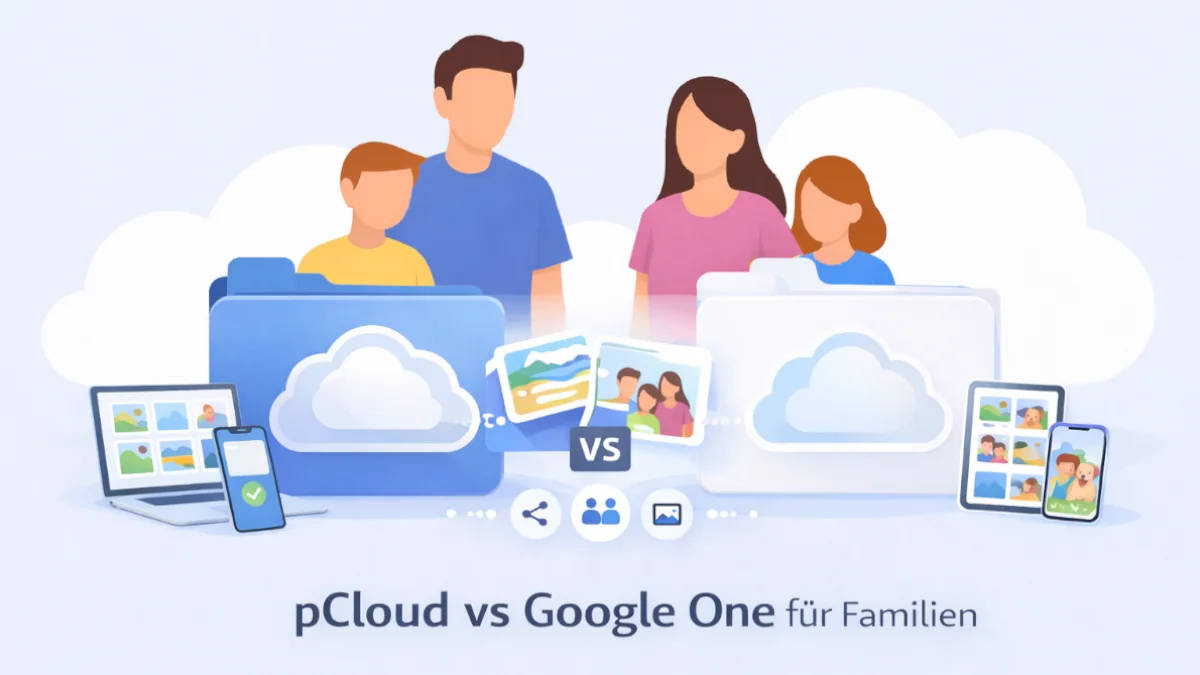 Illustration zum Vergleich von pCloud und Google One für Familien mit neutralen Cloud-Ordnern, Familie, Fotos und Geräten