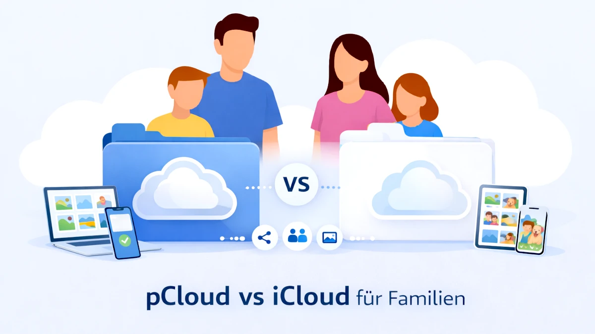 Illustration zum Vergleich von pCloud und iCloud für Familien mit neutralen Cloud-Ordnern, Familie und digitalen Geräten