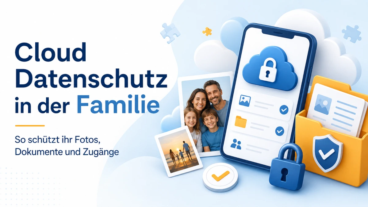 Cloud Datenschutz Familie mit Fotos, Dokumenten und geschützten Cloud-Zugängen