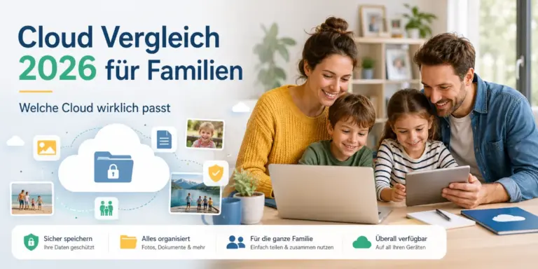 Cloud Vergleich 2026 für Familien mit Familie, Laptop, Tablet und sicherem Cloudspeicher