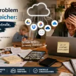 Mutter sitzt mit Laptop zwischen Fotos, Dokumenten und Geräten und sucht nach Ordnung im Familien Cloudspeicher.