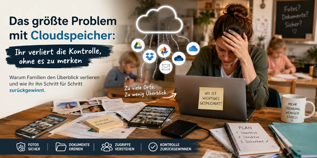 Mutter sitzt mit Laptop zwischen Fotos, Dokumenten und Geräten und sucht nach Ordnung im Familien Cloudspeicher.