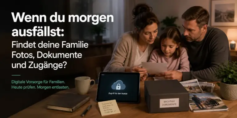 Familie prüft gemeinsam Fotos, Dokumente und digitale Zugänge für den Notfall