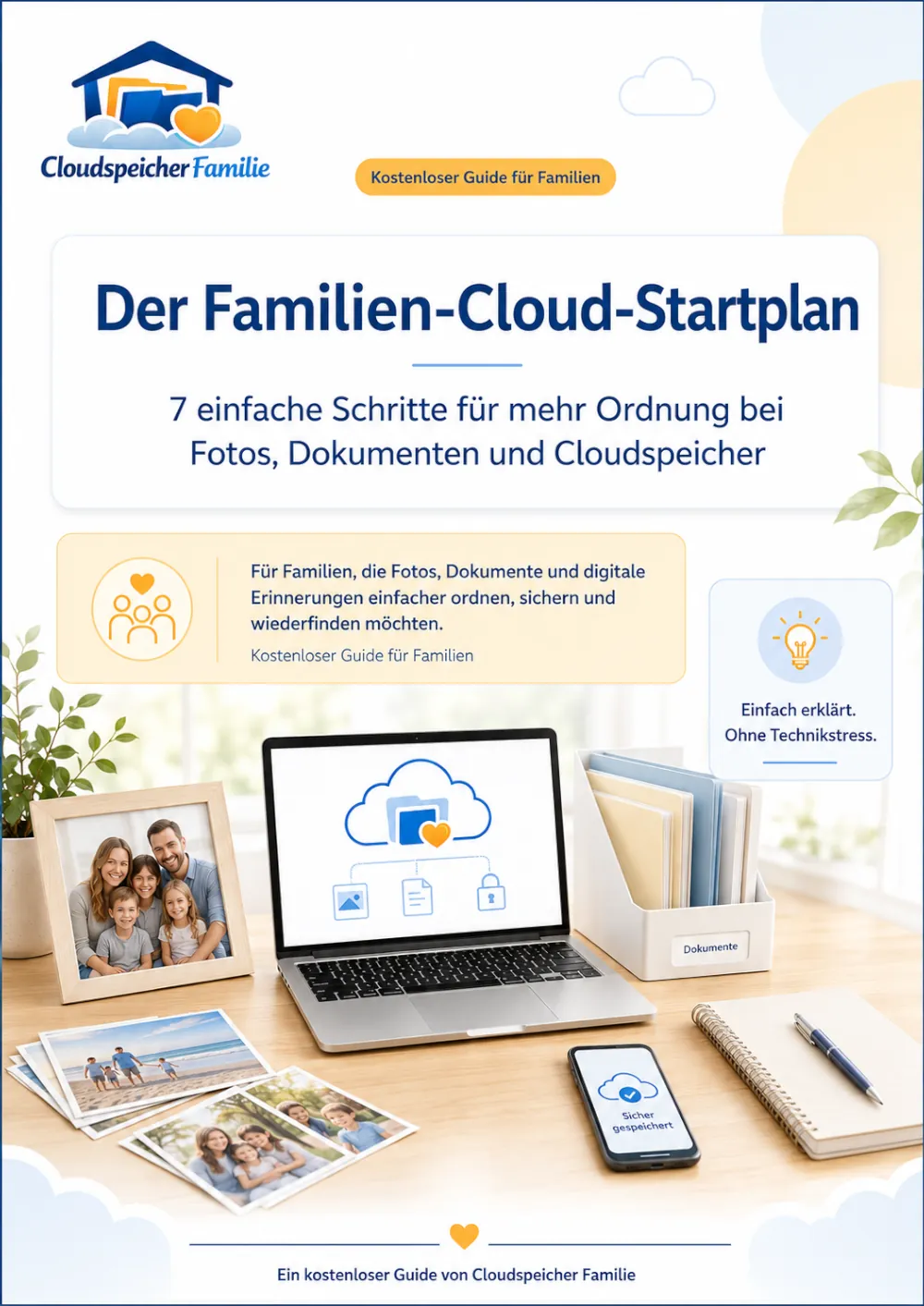 Titelblatt des kostenlosen Familien-Cloud-Startplans für mehr Ordnung bei Fotos, Dokumenten und Cloudspeicher
