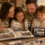 Familie schaut gemeinsam Fotoalbum und digitale Familienfotos an, mit Symbolen für Cloud, Ordnung und sichere Sicherung