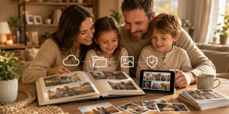 Familie schaut gemeinsam Fotoalbum und digitale Familienfotos an, mit Symbolen für Cloud, Ordnung und sichere Sicherung
