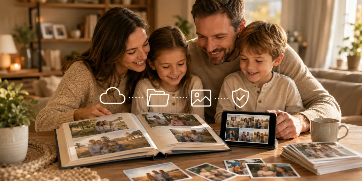 Familie schaut gemeinsam Fotoalbum und digitale Familienfotos an, mit Symbolen für Cloud, Ordnung und sichere Sicherung