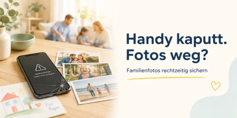 Handy mit Familienfotos und Warnhinweis als Symbol dafür, wie wichtig es ist, Familienfotos rechtzeitig zu sichern.