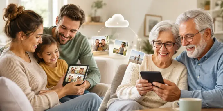 Familie teilt Familienfotos digital mit Oma und Opa über Smartphone und Cloud