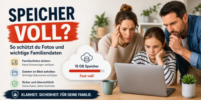 Google Speicher voll: Familie prüft Cloudspeicher und schützt Fotos sowie wichtige Familiendaten