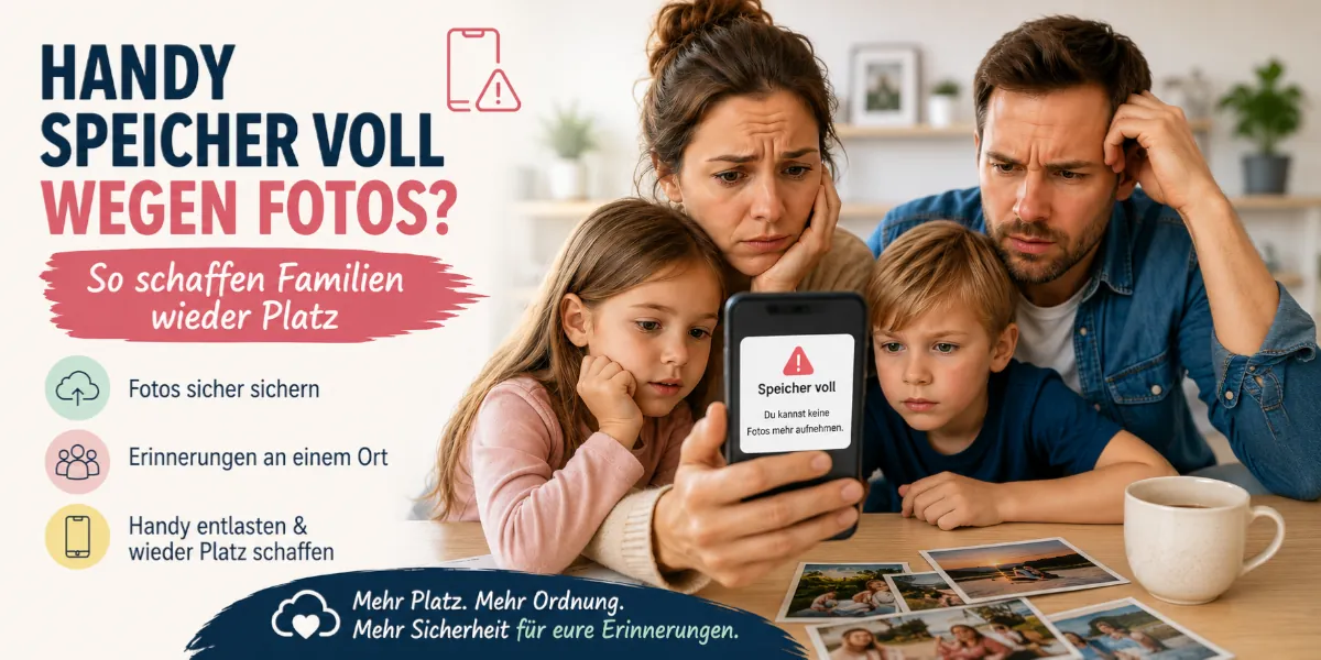 Familie mit vollem Handy-Speicher durch viele Fotos und Videos