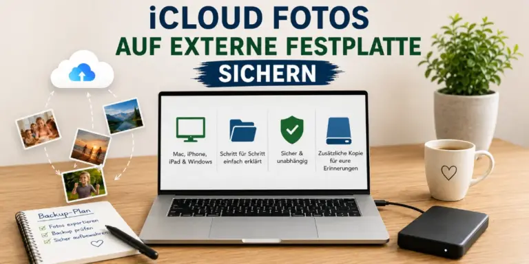iCloud Fotos auf externe Festplatte sichern mit Laptop und zusätzlichem Familienfoto-Backup