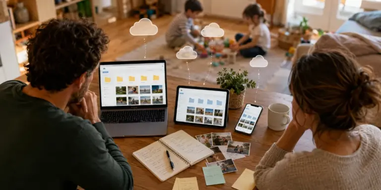 Familie nutzt mehrere Geräte und Cloudspeicher für Fotos und Dateien