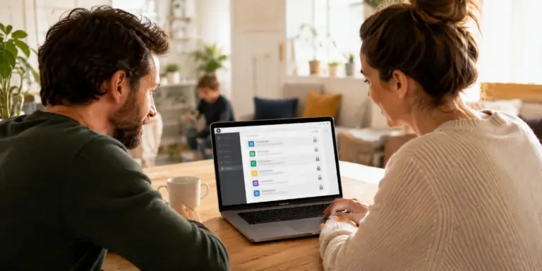 Paar organisiert gemeinsam sichere Passwörter und digitale Zugänge am Laptop