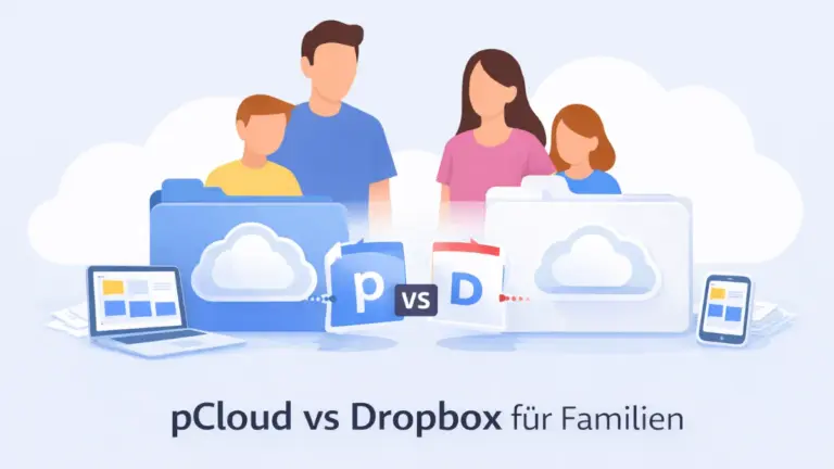 Illustration zum Vergleich von pCloud Family und Dropbox Family für Familien mit neutralen Cloud-Ordnern, Familie und digitalen Geräten