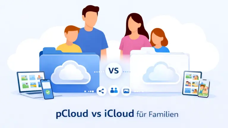 Illustration zum Vergleich von pCloud und iCloud für Familien mit neutralen Cloud-Ordnern, Familie und digitalen Geräten