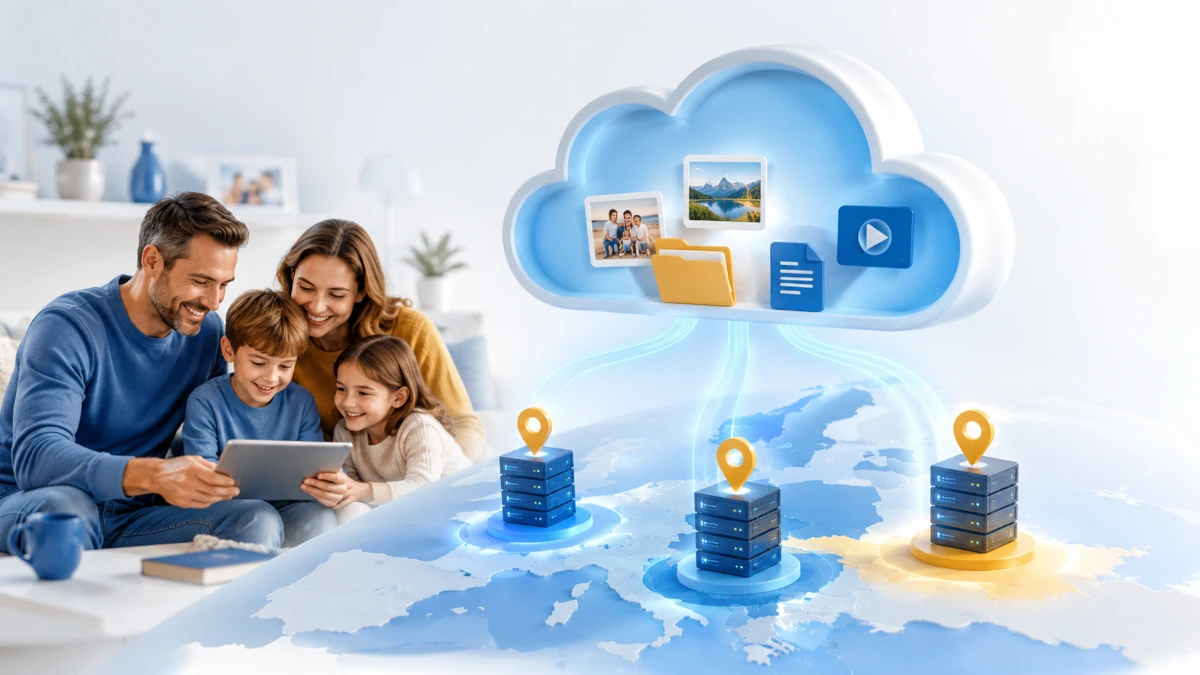 Serverstandort Cloud Familie mit Familie, Cloud und verschiedenen Datenregionen